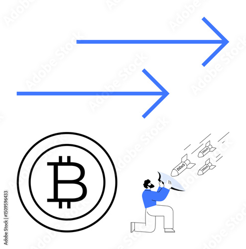 Circular Bitcoin symbol, blue arrows indicating direction, man with megaphone yelling at incoming bombs labeled RISK. Ideal for cryptocurrency, investment, risk management, warning, finance