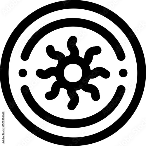 Abstract sun symbol radiating energy within a circular frame, representing warmth and positivity on a clean white surface.