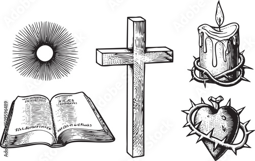black and white showcases a book cross candle and heart symbol.
