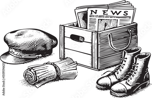 wooden crate filled with newsprint and a military cap rests beside a pair of boots.