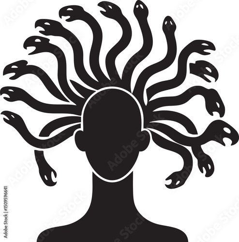 silhouetted head is adorned with a multitude of snakes rising from its hair.