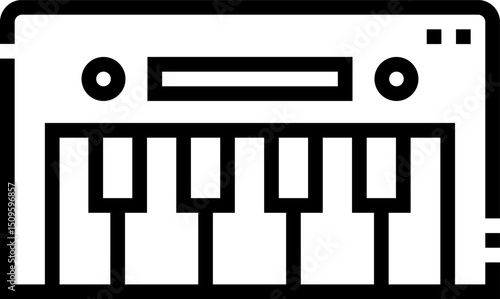 Synthesizer keyboard emitting musical notes in recording studio, representing electronic music production and creative sound design.