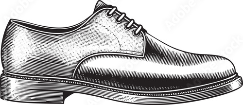 single black leather shoe rests on a white surface.