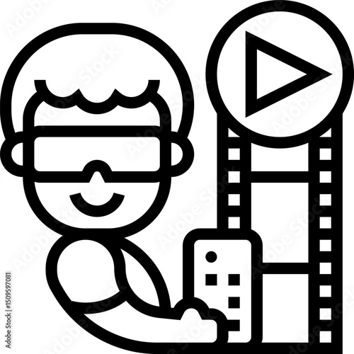 Cartoon character wearing vr glasses holding remote controls film strip, symbolizing modern digital entertainment, in a minimalist style.