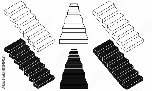 Isometric stair shapes line outline and silhouette, black and white stair pattern, step vector, staircase illustration, scalable vector for logo,icon,symbol,architecture, 3D design template for micros
