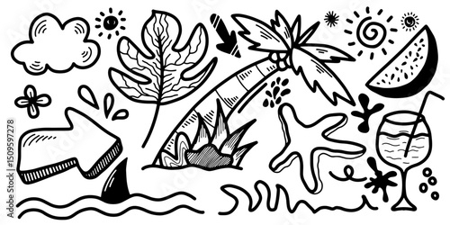 A collection of various items related to the beach and summer such as palm trees, starfish, ocean waves and more.