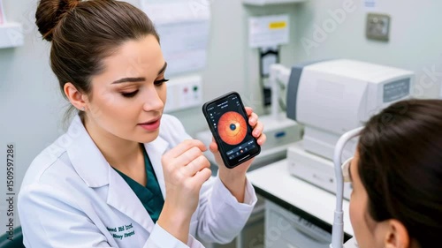 Female eye doctor explaining retinal scan results to patient in a modern clinic setting