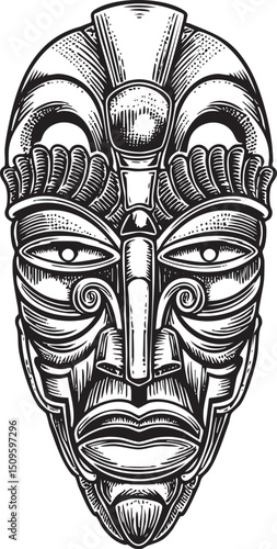 detailed black and white tribal mask dominates the .