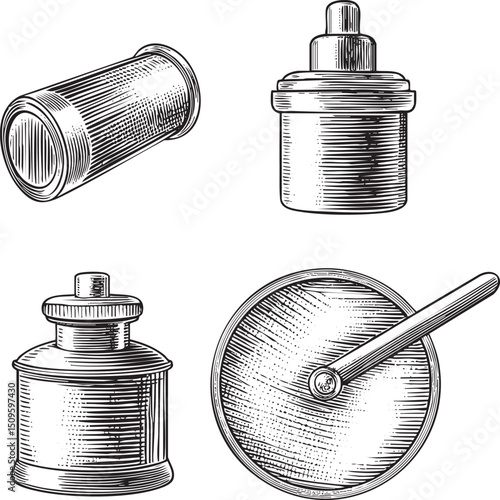 Vintage mechanical measuring instruments stand upright on a white background.