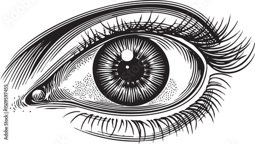 detailed black and white of a single eye with prominent eyelashes.