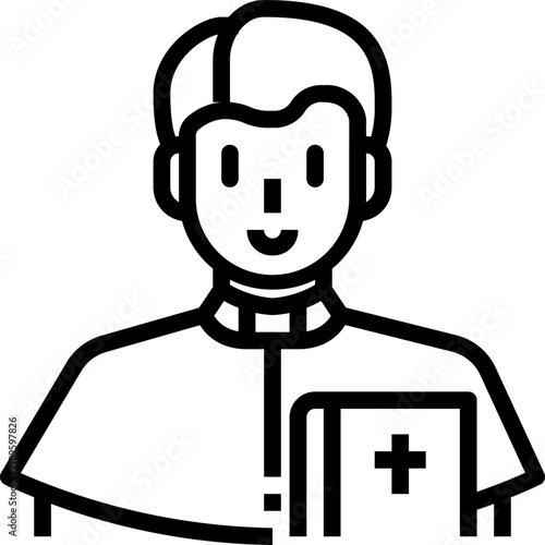 Smiling priest holding bible stands in church ready to give sermon with peaceful and faithful mood. captured in beautiful natural lighting.