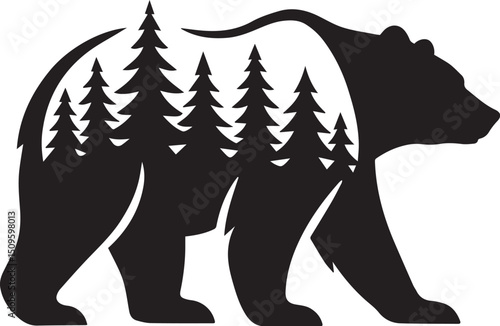 Bear silhouette with pine tree forest inside body