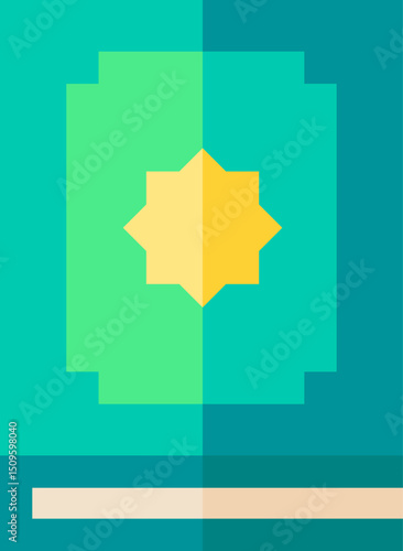 Quran book with golden star sits on a shelf, symbolizing islamic faith and culture, presented in a clean and modern style.