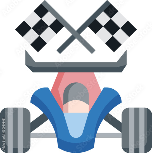 Gokart races down the track with checkered flags waving, symbolizing speed and competition on a bright day.