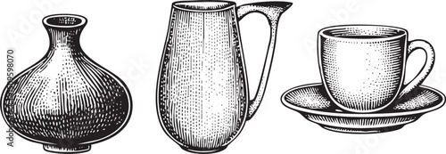 Three ceramic vessels – a bottle a jug and a cup – stand on a saucer.