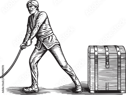 rugged man strains to move a heavy wooden chest with a rope.