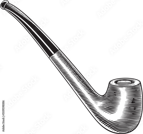 detailed black pipe rests vertically on a white surface.
