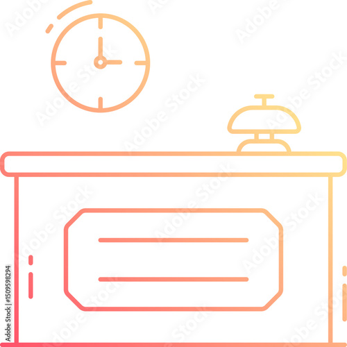 Hotel reception desk showing clock and bell in minimalist style representing service and time management, conveying efficiency and professionalism.