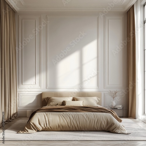 Beige bedroom interior with classic wall moldings.
