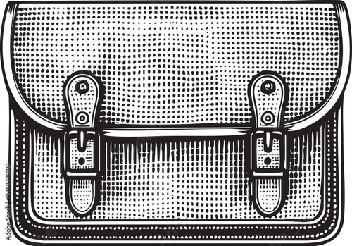 black leather satchel rests on a white surface.