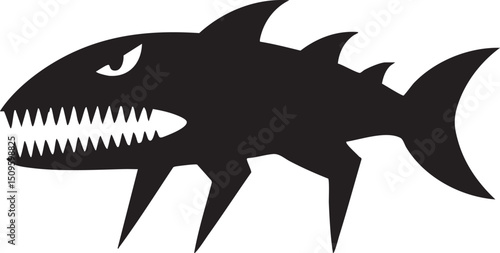 menacing black shark swims against a white background.