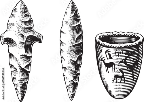 Two sharpened stone arrowheads rest beside a decorative ceramic vessel.