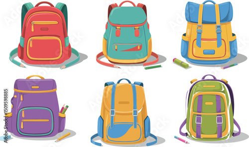 "Set of six colorful backpacks with pencils erasers and pens isolated on white background school bags collection vector illustration"

flat vector illustration