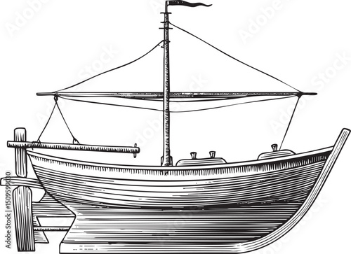 weathered wooden boat rests securely docked against a stone pier.