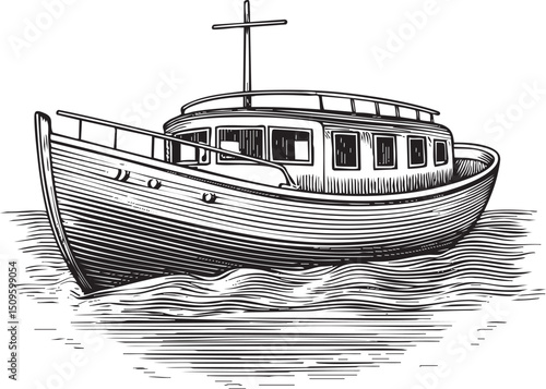 weathered boat glides smoothly across a calm body of water.