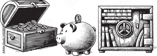 piggy bank stands beside a treasure chest filled with coins and a secure vault.