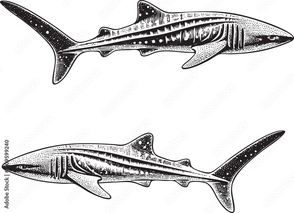Fototapeta premium Two stylized sharks are depicted in a detailed black and white engraving.