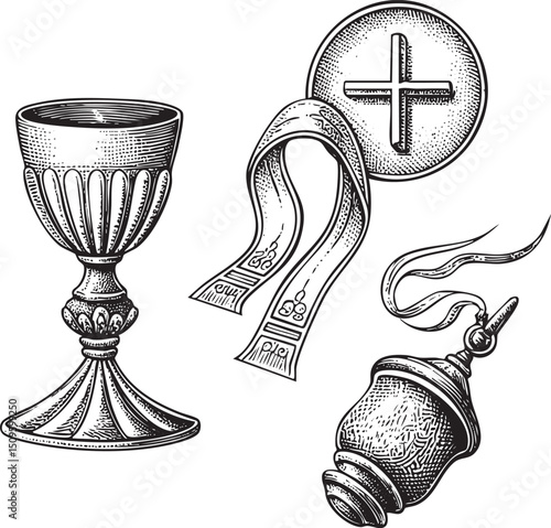 decorative chalice a religious cloth and a bell are arranged on a white background.