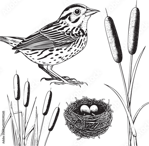 sparrow perches near a woven nest containing two eggs.