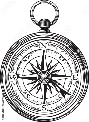 detailed black and white compass points north.