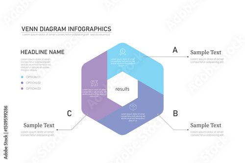 Venn diagram infographic chart template for business 3 parts, options, presentation with venn diagram elements vector illustration.
