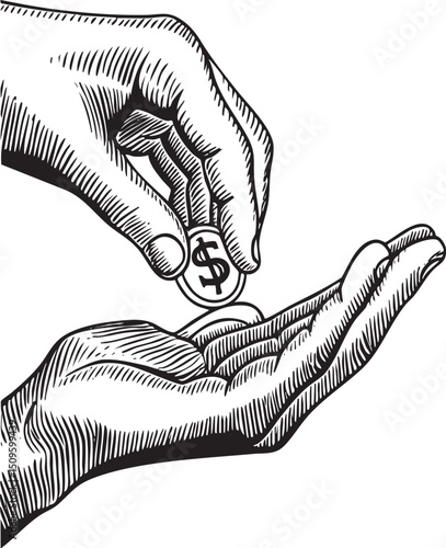hand gently releases a coin into an open palm.