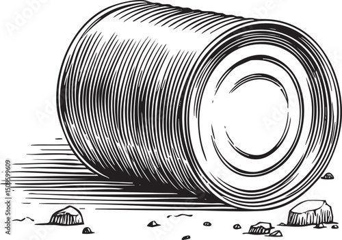 large cylindrical object rolls across a textured surface.