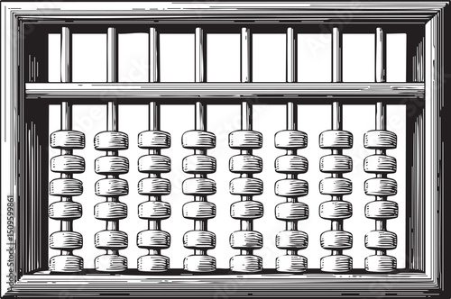 black and white abacus displays rows of beads.