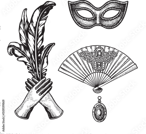 Elegant hands hold a feather quill and a decorative fan.
