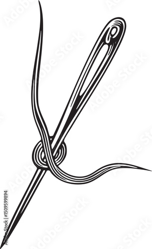 black sewing pierces a coiled thread.