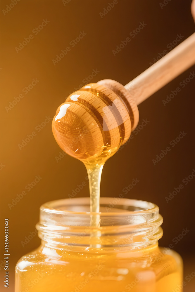 Golden Honey Dripping from Wooden Honey Dipper into Glass Jar Golden Honey Dripping from Wooden Honey Dipper into Glass Jar