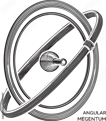 detailed black and white depicts a complex mechanical gyroscope.