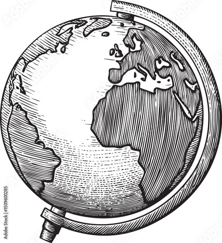 detailed black and white depicts a spherical globe adorned with intricate lines representing continents.