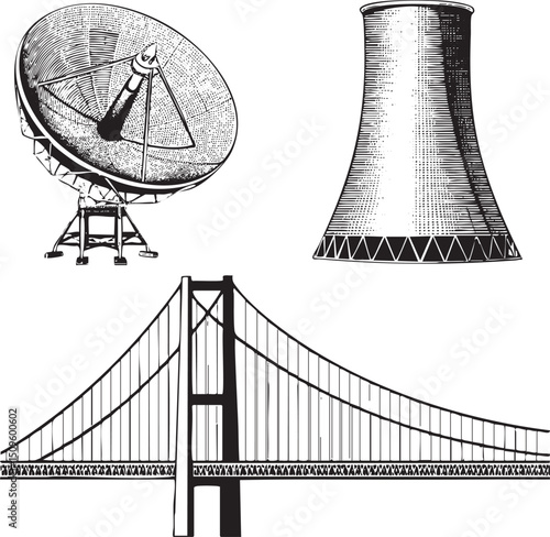 black and white depicts a radio telescope a cooling tower and a suspension bridge.