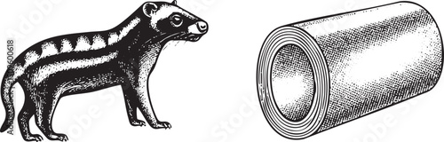 striped animal stands beside a cylindrical object.