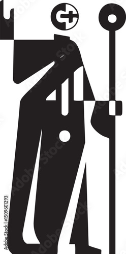 stylized figure stands with a staff showcasing geometric shapes and contrasting black and white.