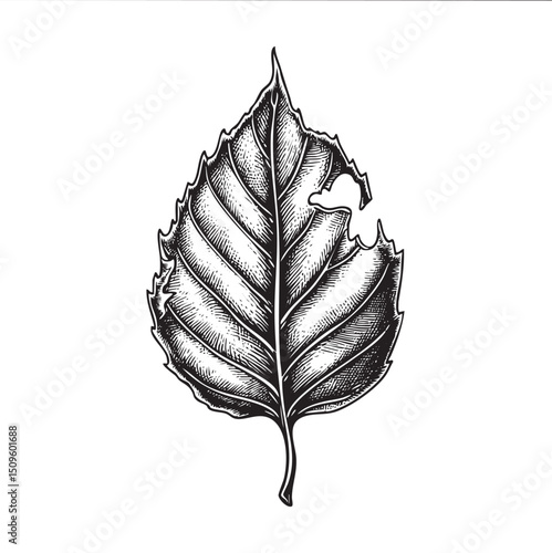 detailed black and white engraving of a single leaf with a noticeable tear.