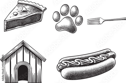 black and white showcases a pie slice a dog paw print a fork a dog house and a hotdog.