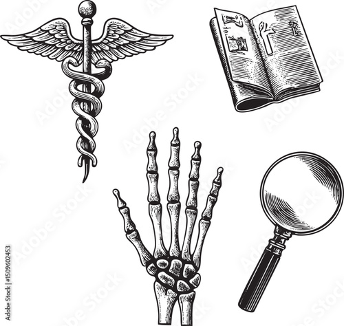 stylized medical showcases a caduceus open book hand with a skeleton and magnifying glass.