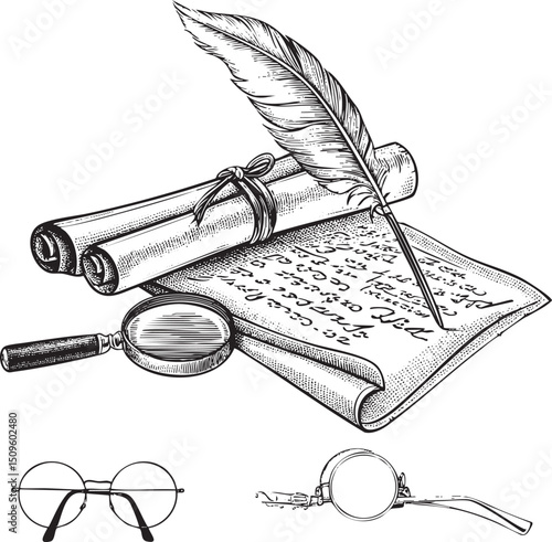 quill pen rests on a rolled parchment document accompanied by spectacles and a magnifying glass.